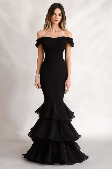 Off the Shoulder Black Mermaid Tiered Satin Wedding Guest Dress